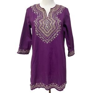 Chicos Womens Sz L (2) Embroidered Tunic Top Lightweight Cotton Shirt Side Slits